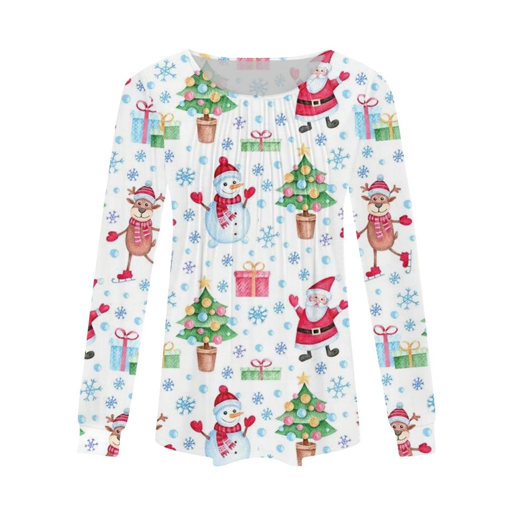 Женская повседневная футболка с круглым вырезом и длинными рукавами с рождественским принтом и складками