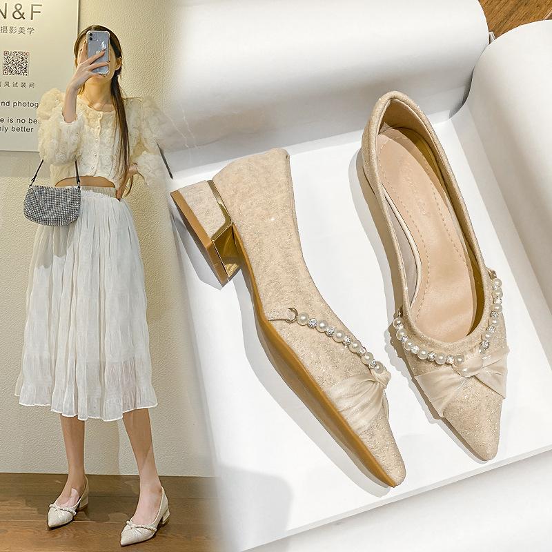 Женские туфли 2024 года, весна, новые, неглубокие, на среднем толстом каблуке, нежные, феи, женские туфли с острым носком, французские, одинарные