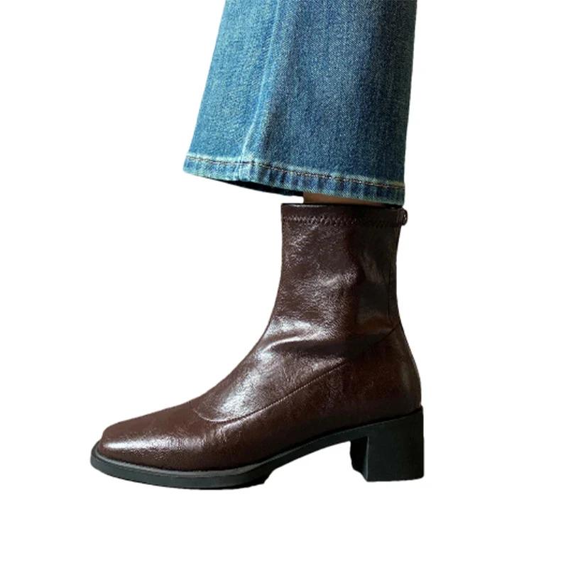 Модные женские кожаные ботильоны с квадратным носком и средним каблуком, элегантная обувь для женщин, тренд 2025, зимняя мода, сексуальные туфли-лодочки, мотоциклетные ботинки Mujer