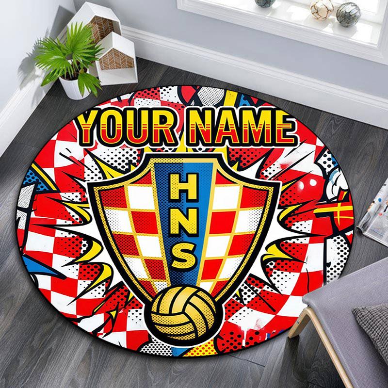Custom Name,Croatia pattern round rug,Carpet Rug for Living Room Bedroom Playroom ,Non-slip Floor Mat,Holiday Gifts and Birthday Gifts.