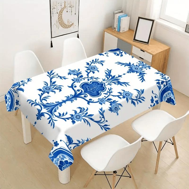 1pc Elegant Floral Blue Tablecloth, 152.4*218.44 cm, Polyester, Easy to Clean, Suitable for Weddings, Parties, Home, Kitchen, Restaurant, Exquisite De