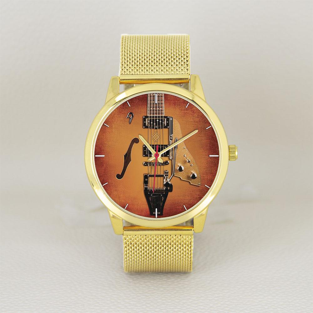 Silicone Stainless Strap Violin Bass Musician's Gift Yellow Golden Instrument Design Dia 45mm Men's Quartz Watches