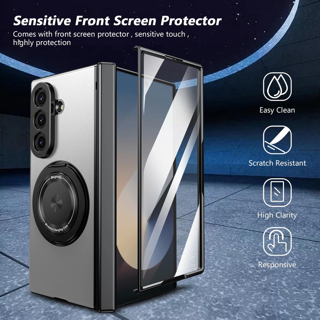 360°Alloy Magnetic Holder Hinged Phone Case For Samsung Galaxy Z Fold 7 6 5 4 3 Magsafe Wireless Charger Camera Shockproof Cover