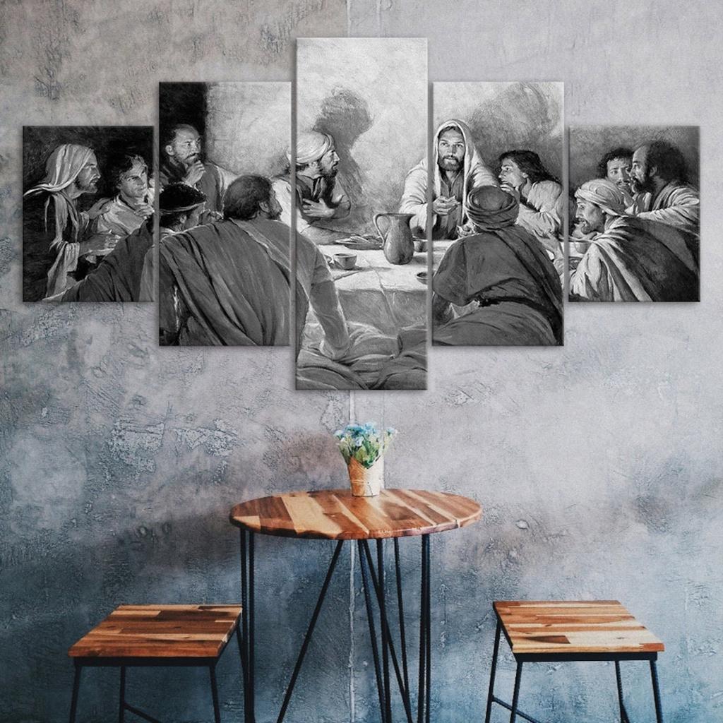 Jesus Christ The Last Supper Black White Scene 5 Piece Canvas Wall Art Five Panel Print Modern Poster Home Decor Picture Gift For Him Her