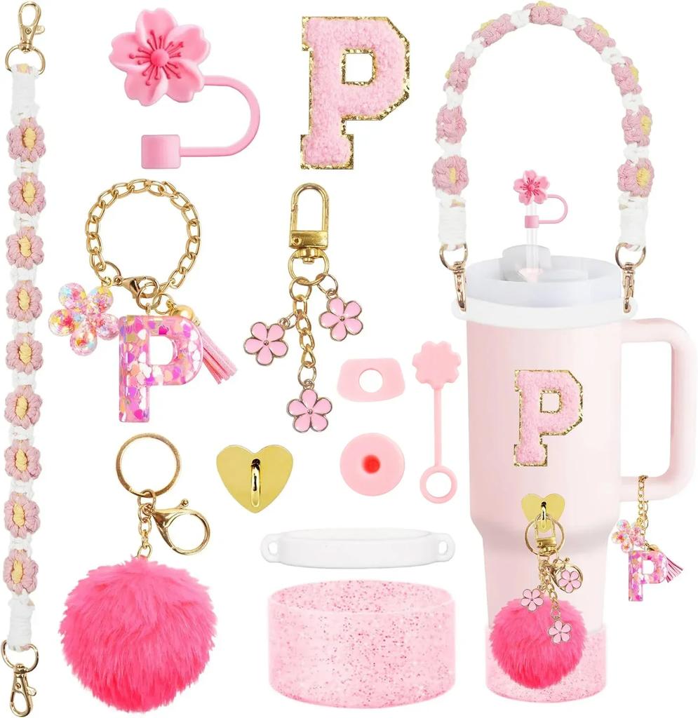 12PCS Cup Accessories for Cup 30oz 40oz Straw Cover Cap Water Bottle Handle Strap Boot Chains Personalized Sticker