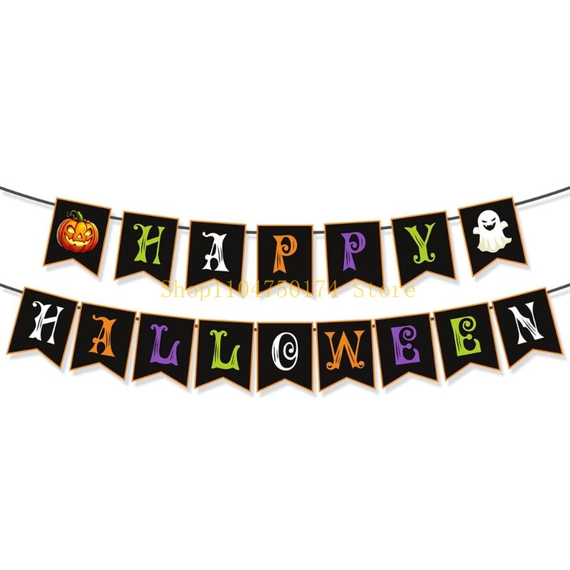1Set Happy Halloween Banners with Pumpkins Sign Halloween Party Decorations Halloween Banners Hanging Party Supplies top sale