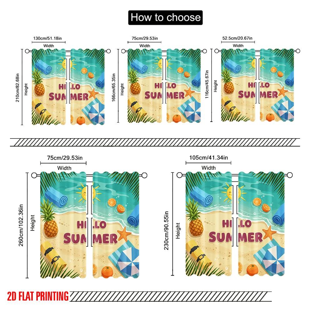 2pcs 2D Flat Printing Window Curtains Summer Beach Pineapple Sun Towel 100% Polyester Without Electricity Party Decorations Use