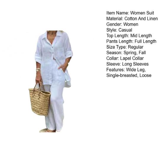 2 Pcs/Set Women Shirt Pants Set Solid Color Turn-down Collar Long Sleeve Top Wide Leg Elastic Waist Loose Pants Commute Clothes Blouse Trousers Set