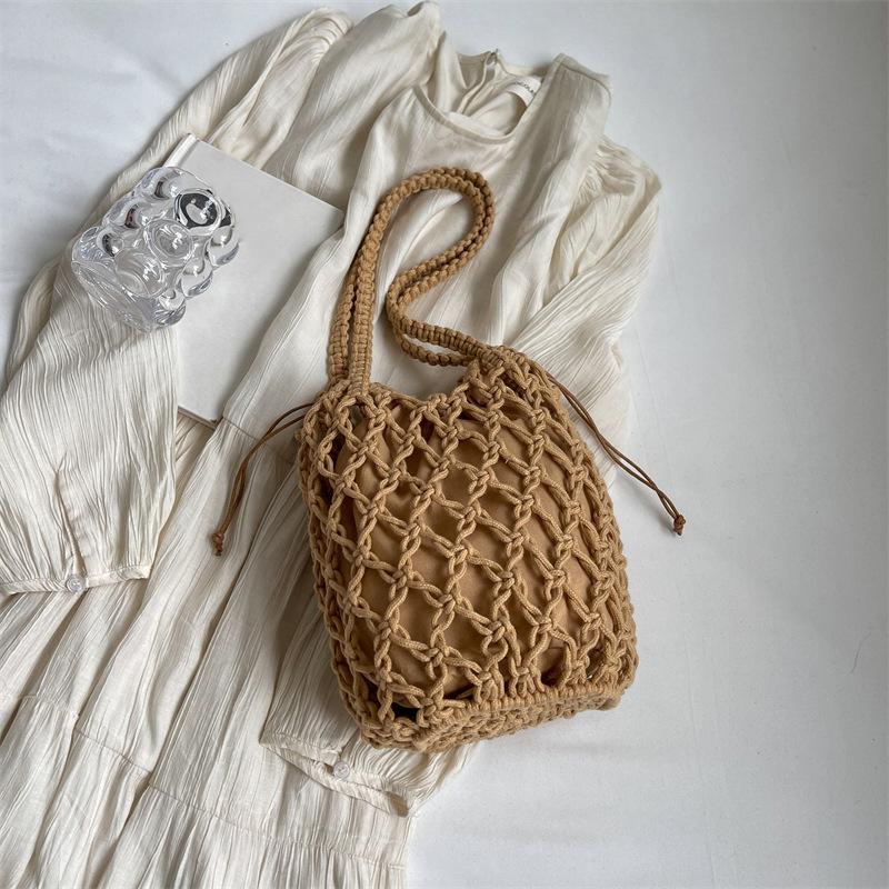 Летняя пляжная сумка для женщин, сетчатая веревочная вязаная сумка-ведро на плечо, сетчатые полые дорожные сумки-шопперы, женские модные сумки