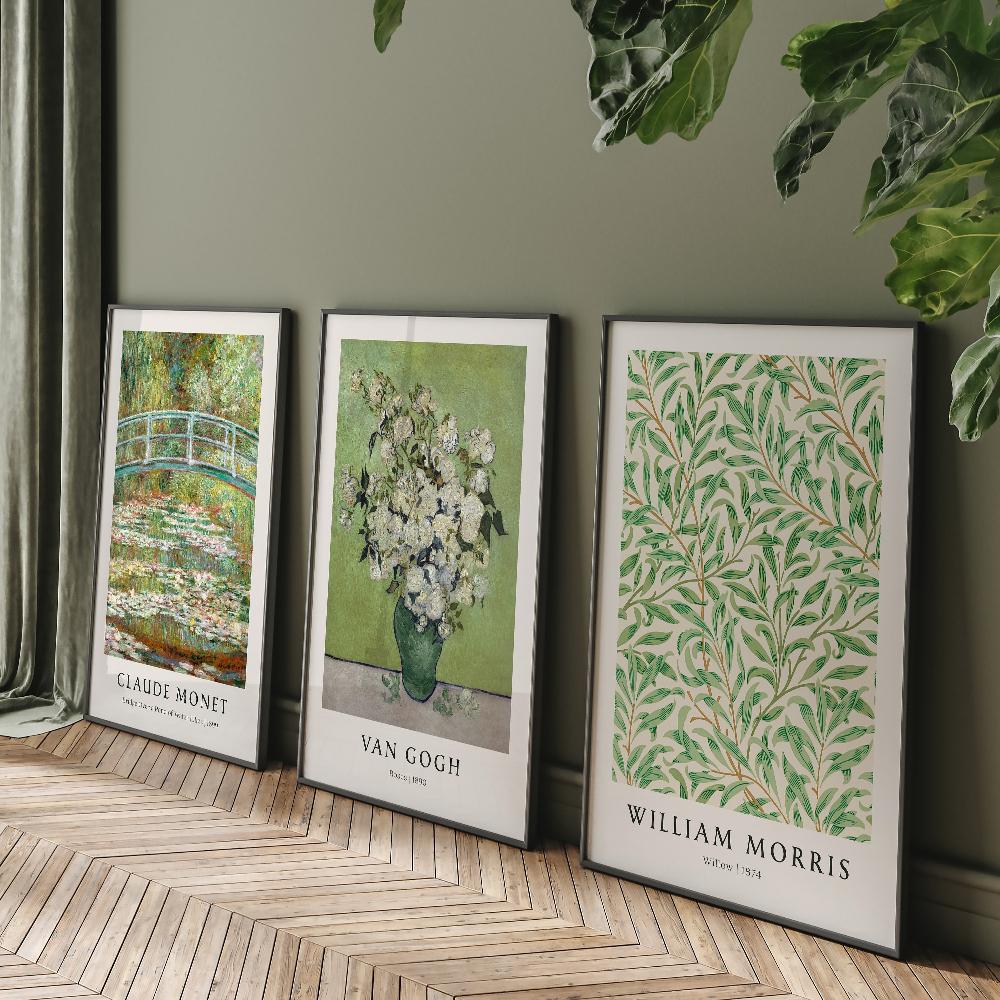 Green Prints Flower Gallery Wall Set William Morris Claude Monet Van Gogh Eclectic Vintage Posters Muted Botanical Art Decor