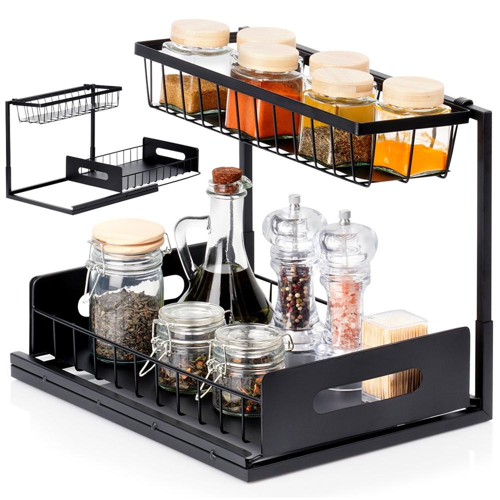 Kitchen shelf with a pull-out drawer, two-level, metal, black, 36x27x28.5 cm