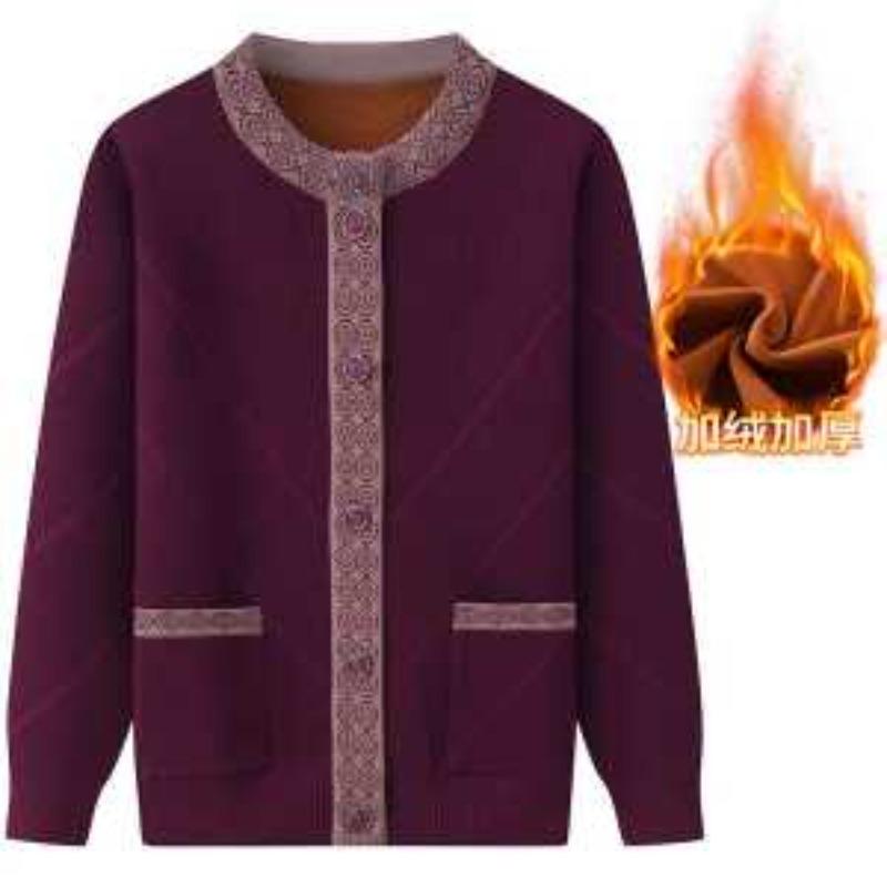 Mom's Spring Autumn Coat Winter Clothes Plus Fluff Sweater Thickened Knitted Cardigan for Middle-aged Elderly People