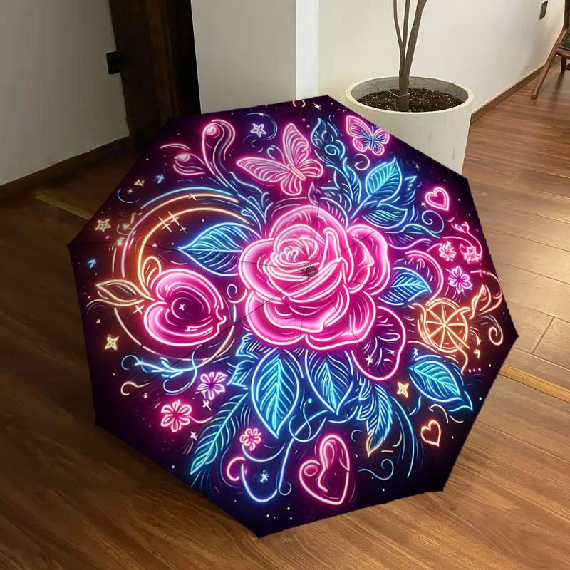 Neon Rose Butterfly Heart Outdoor Umbrella - Automatic Open/Closed, Portable Folding Design, 8-Bone Iron Frame, Festival Gift for Fans, Trav