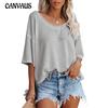 Summer Women's T-shirt V-neck Waffle Casual Loose Short-sleeved T-shirt