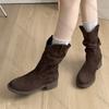 Comemore Women's Boots Chunky Heel Stacked Mid Calf Boots Women Autumn Shoes Casual Solid Suede Western Cowboy Bota Feminina