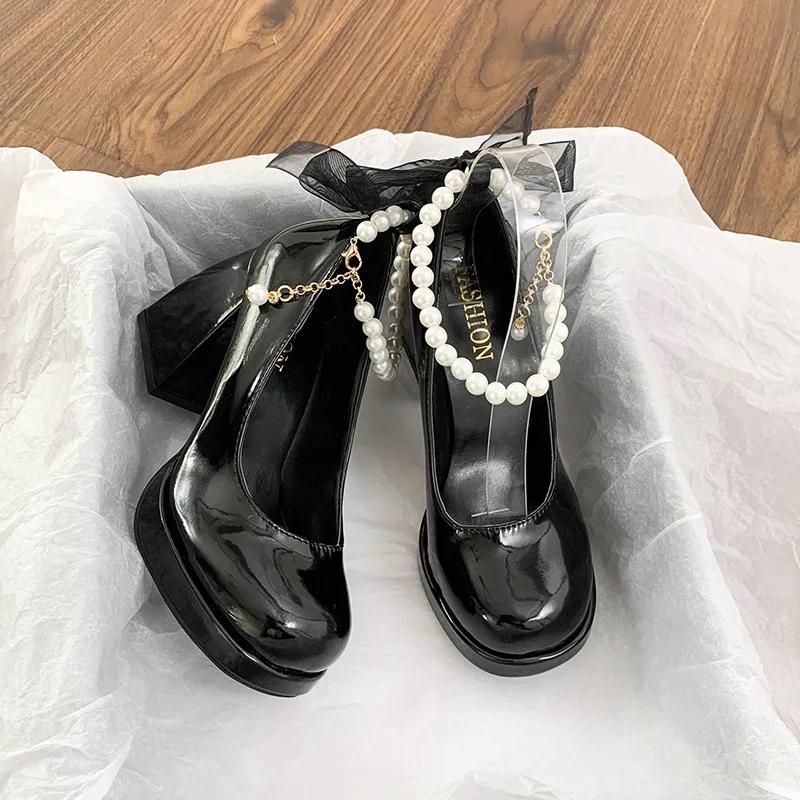 2024 Новые летние женские туфли Мэри Джейн на каблуке в стиле ретро с ремешком на щиколотке и бантом в стиле феи на высоком каблуке и платформе