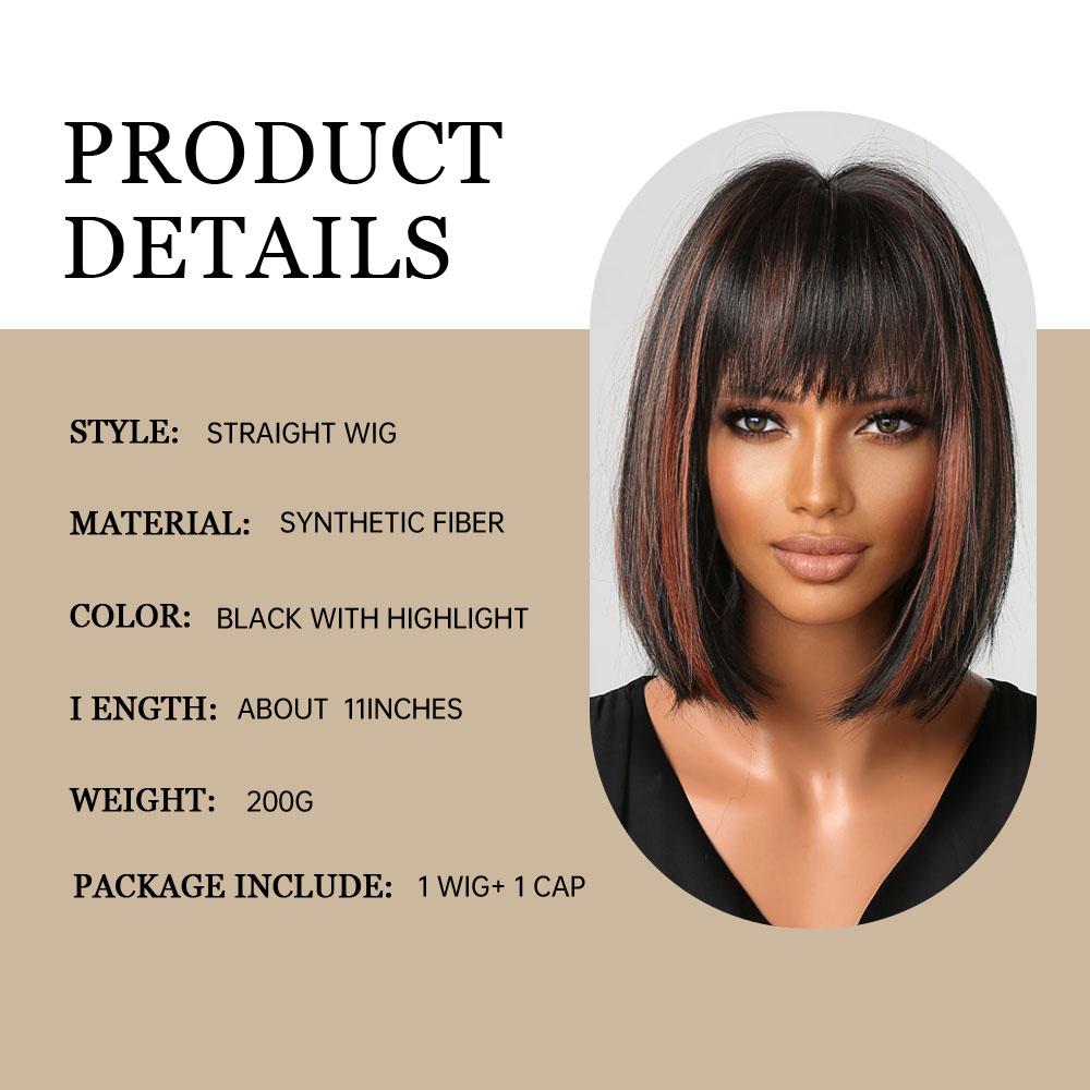 Черные прямые парики из синтетических волос с челкой, короткий боб, красные блики, парики для женщин, повседневный косплей, натуральный парик, термостойкий