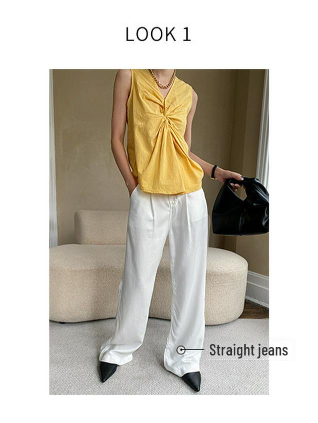 Sinan 3D Twisted French Pleated V-Neck Slim Sleeveless Vest SN3737