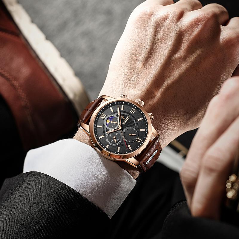 LIGE mens wristwatch Waterproof Luminous Moon phases military watches men Quartz Leather male watch Date sports watches for men