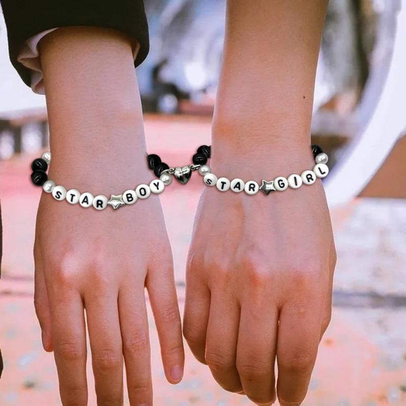 2Pcs Colorful Beaded Bracelets Stackable Star Shapes Pendant Handchain Valentine's Day Bangles Jewelry Trendy Accessory