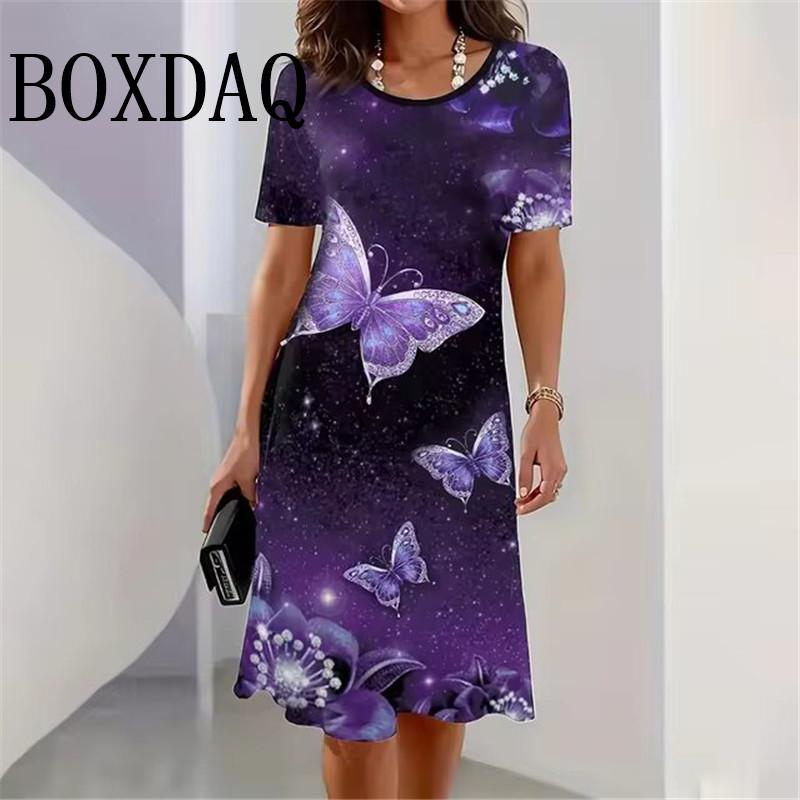 Свободные платья с принтом 3D-бабочки, летнее женское вечернее платье с круглым вырезом и коротким рукавом, элегантный женский сарафан