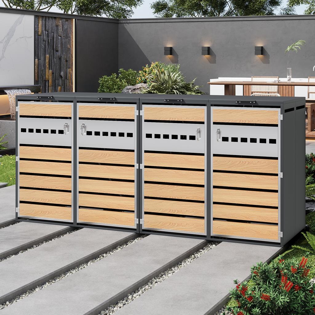 Trash Can Box, with flip lid, trash storage compartments, lockable, four doors, horizontal wood grain blocks
