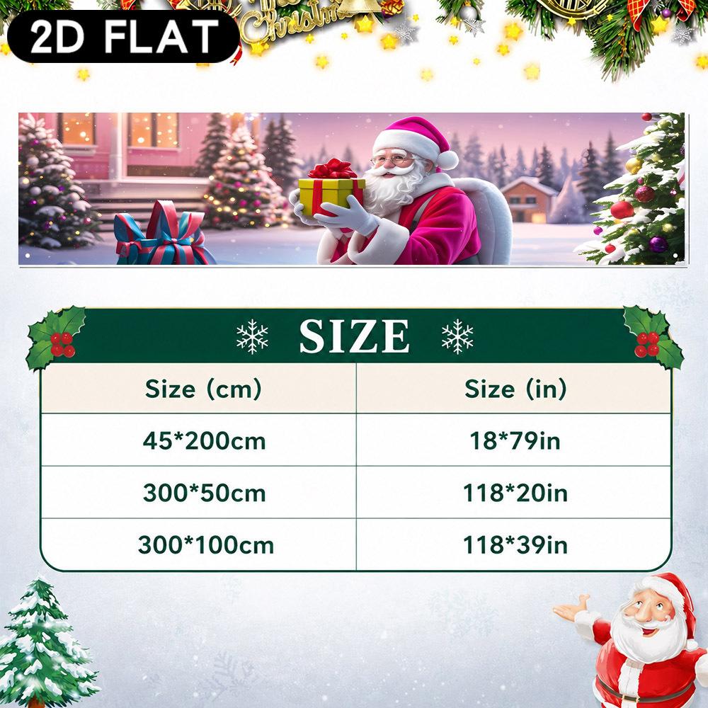 Square Christmas Fence Banner, Santa Snowman Reindeer Gingerbread Snow-Covered Pine Lights Design, Polyester Outdoor Photo Backdrop Decoration