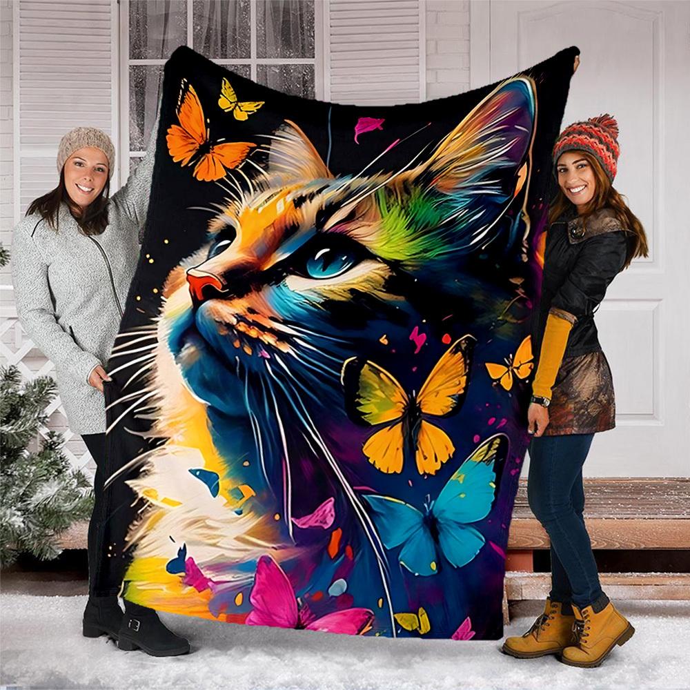 1pc Colorful Cat Art Print Outdoor Blanket, Lightweight Polyester,