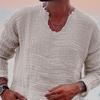 Мужская повседневная рубашка с v-образным вырезом и длинным рукавом, топы с заусенцами, плиссированные однотонные свободные тонкие пуловеры, уличная одежда