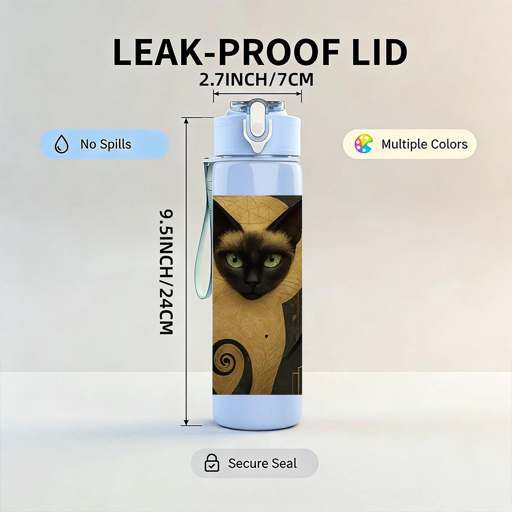1PC Vintage Siamese Cat Bust 750ml Color Plastic Sports Water Bottle Leakproof Flip Straw Lid For Sports Office Home Use