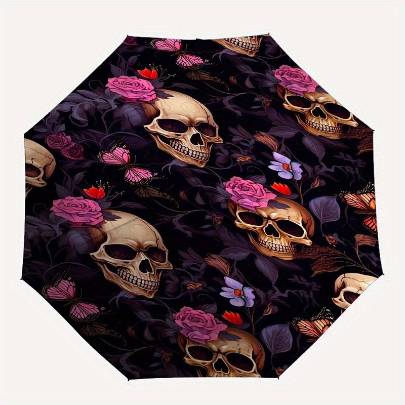 Rose Skull Automatic Folding Umbrella 8 Ribs, Durable Iron Frame, Bright Color Pattern Compact Travel Umbrella, Suitable for Outdoor, Beach