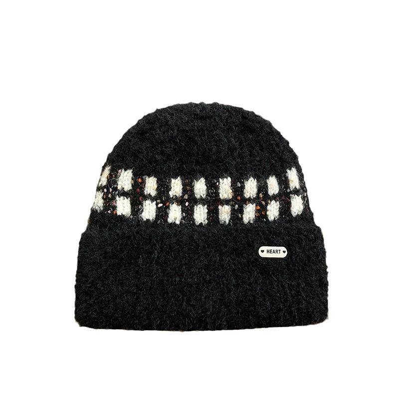 Hat Women's New Winter Style Color Blocked Plaid Thickened Knitted Hat Korean Version Versatile Plus Velvet Ear Protection Face Small Warm Hat