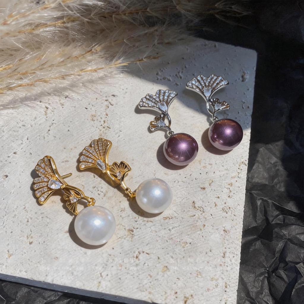 18K Real Gold Plated Silver Needle Premium Zircon Pearl Maple Leaf Stud Earrings French Retro Light Luxury Earrings