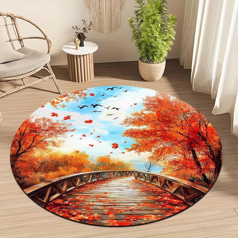Deciduous Wood Bridge Theme Flannel-printed round floor mats are slip-resistant Suitable for living room terrace garden carpets