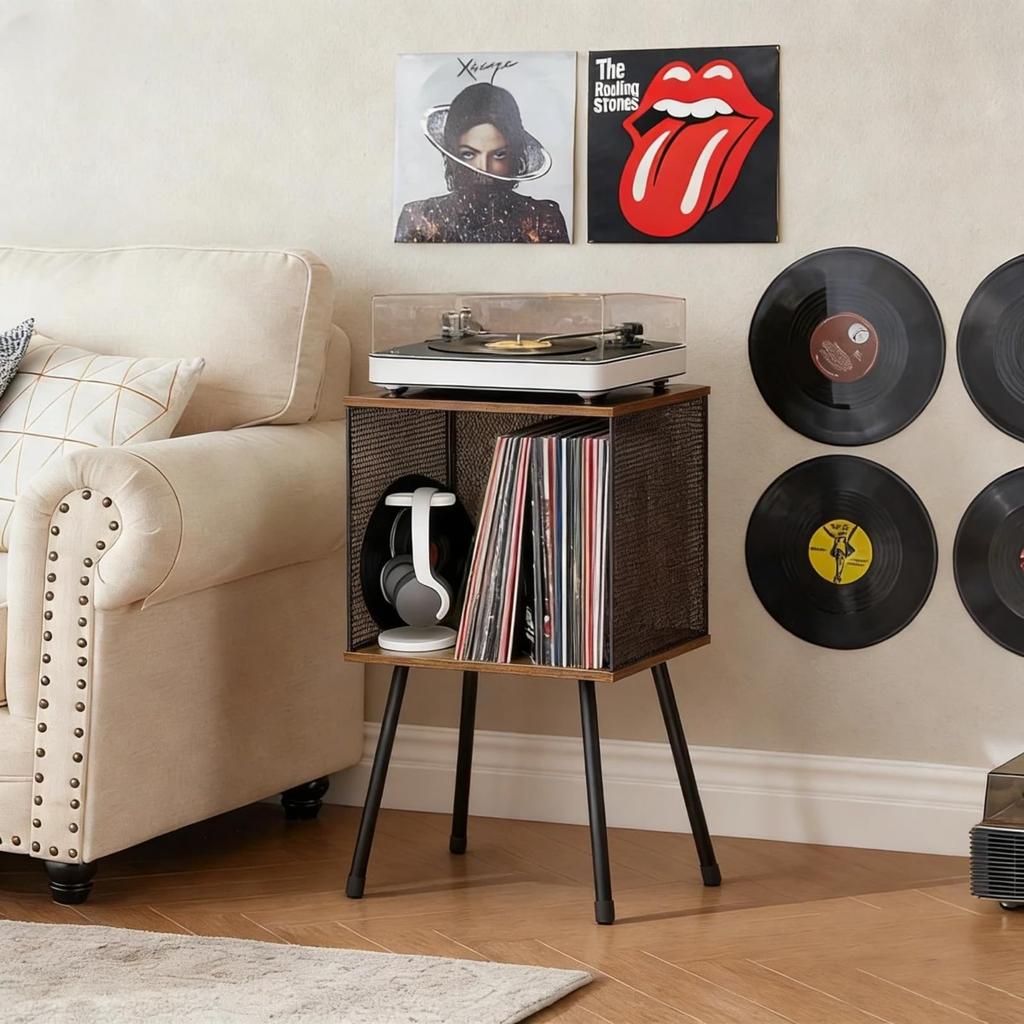 AYZLNFXT 2-Tier Record Player Stand with Mesh Storage, Holds up to 100 Records