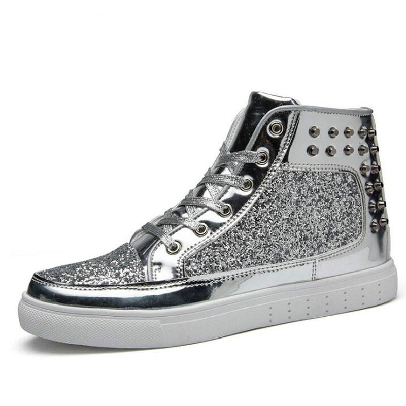 Модные мужские скейт-кеды серебристо-розовые Lovers sequined Shoes Rivets Punk Glitter Shoes Men Sneakers Youth High Top Street Flats sd45