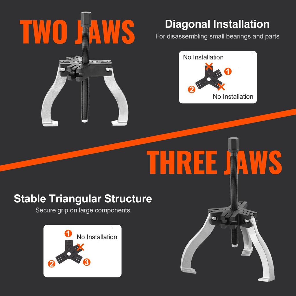 VEVOR Gear Puller Set, 7.6 cm and 17.8 cm Puller Kit, 3 Jaw Gear Bearing Flywheel Pulley Removal Tool, 2 or 3 Reversible Jaws Wheel Puller