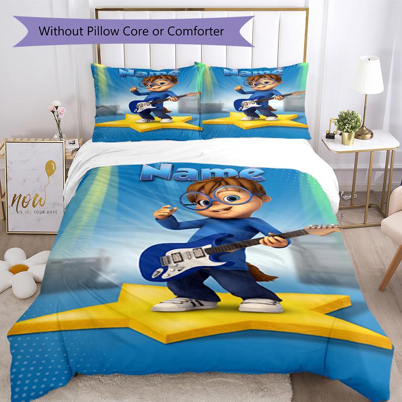 3pcs Custom Name Alvin and the Chipmunks Bedding Set Duvet Cover Closure Includes 1 Duvet Cover & 2 Pillowcases, Soft and Comfortable for All Seasons.