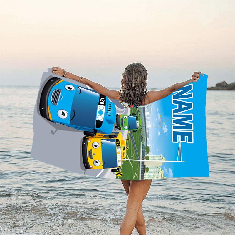 1pc TAYO Bus Beach Towel with Custom Name, Beach/Swimming/Bath/Picnic/Camping Towel, Suitable for Seaside Beaches