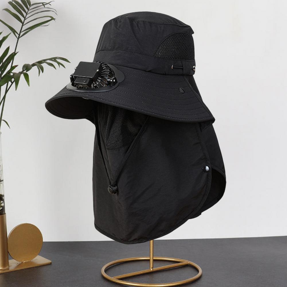 Men Solar Fan Hat with Face And Neck Cover USB Rechargeable Fan Large Brim Hollow Mesh Windproof Strap Anti-UV Sunlight Protecti