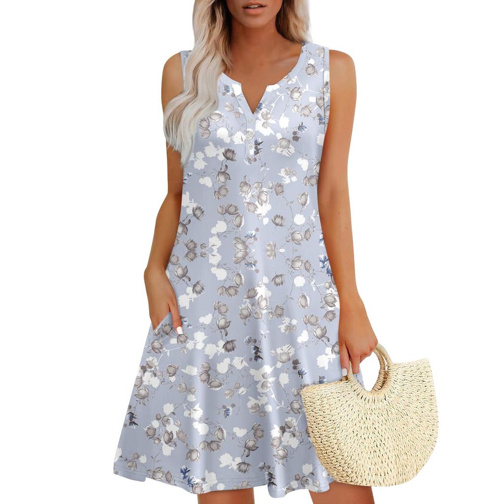 Женские летние платья Свободные сарафаны без рукавов с V-образным вырезом Платье с карманами