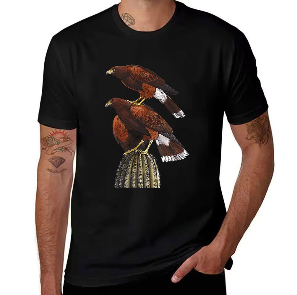 Unisexs Cotton TShirt with Harriss Hawk Print Desert Cactus Raptor Bird Graphic Tee for Outdoor Casual Wear