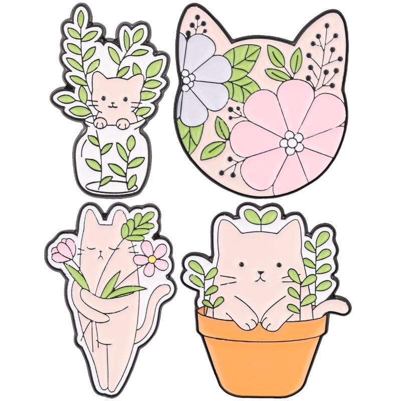 Floral Cat Enamel Pins Cute Cartoon Cottagecore Plant Kitty Brooches Lapel Badges Animals Jewelry Gift for Kids Friends