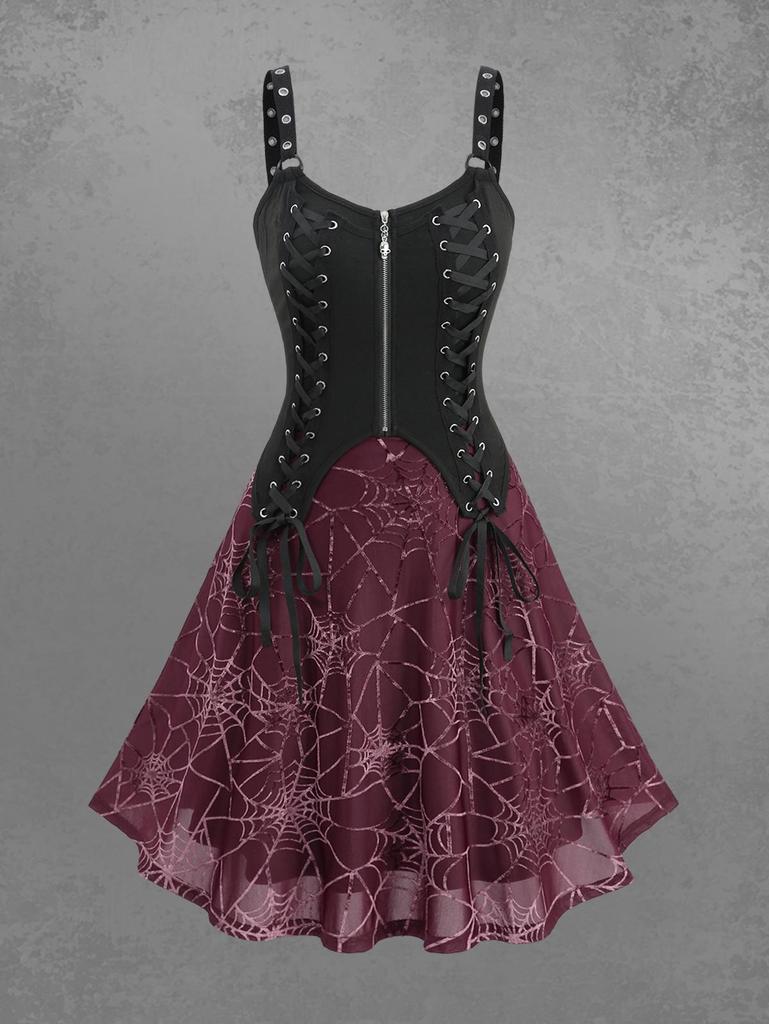 Rosegal Gothic Spider Web Flocking Lace Up Skull Zipper Backless A Line Tank Dress