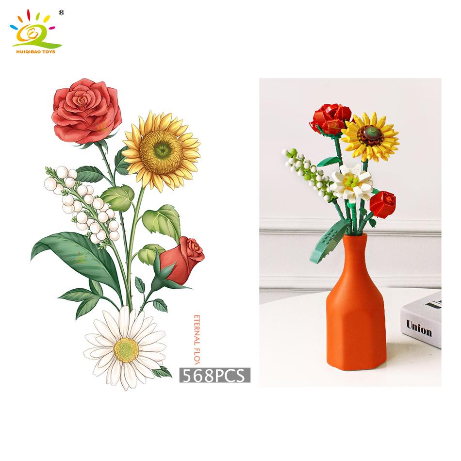Цветочный букет, строительный блок, 3D модель, кирпичи, игрушки для девочек и мальчиков, набор друзей, имитация розы, растение в горшке, подарок