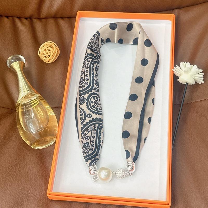 Silk Scarf Women's Spring, Autumn and Summer New Fashion Neck Protection Decoration Long Necklace Type Magnetic Buckle Scarf Small Scarf