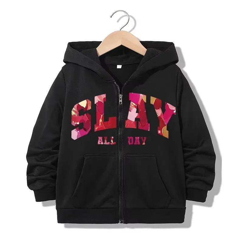 Kids Zip Up Hoodie SLAY ALL DAY Floral Letter Graphic Print Long Sleeve Loose Hooded Jacket Casual Street Sweatshirt