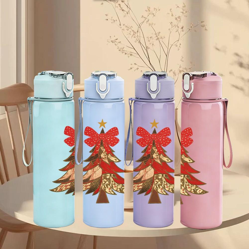 1PC Christmas Pine Tree 750ml Color Plastic Sports Water Bottle Leakproof Flip Straw Lid Suitable for Sports Office Home Use