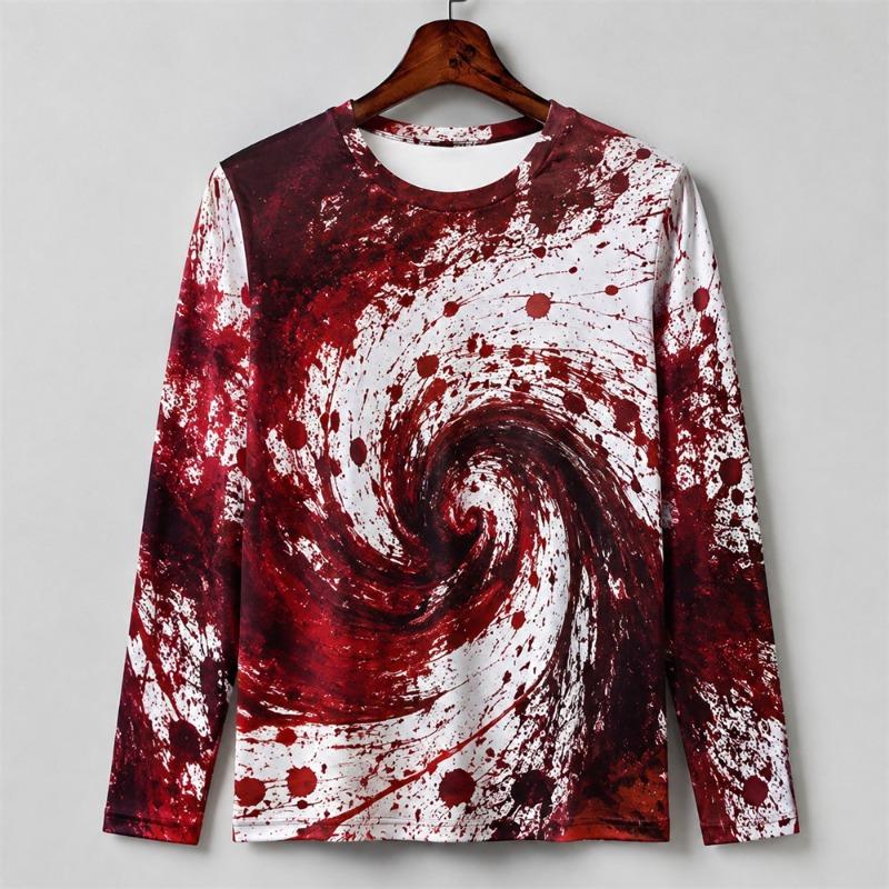 3D Print Horror Red Blood Stains Pattern Halloween Long Sleeve T Shirt For Men Vintage Halloween Party Personality OOTD Tee Top