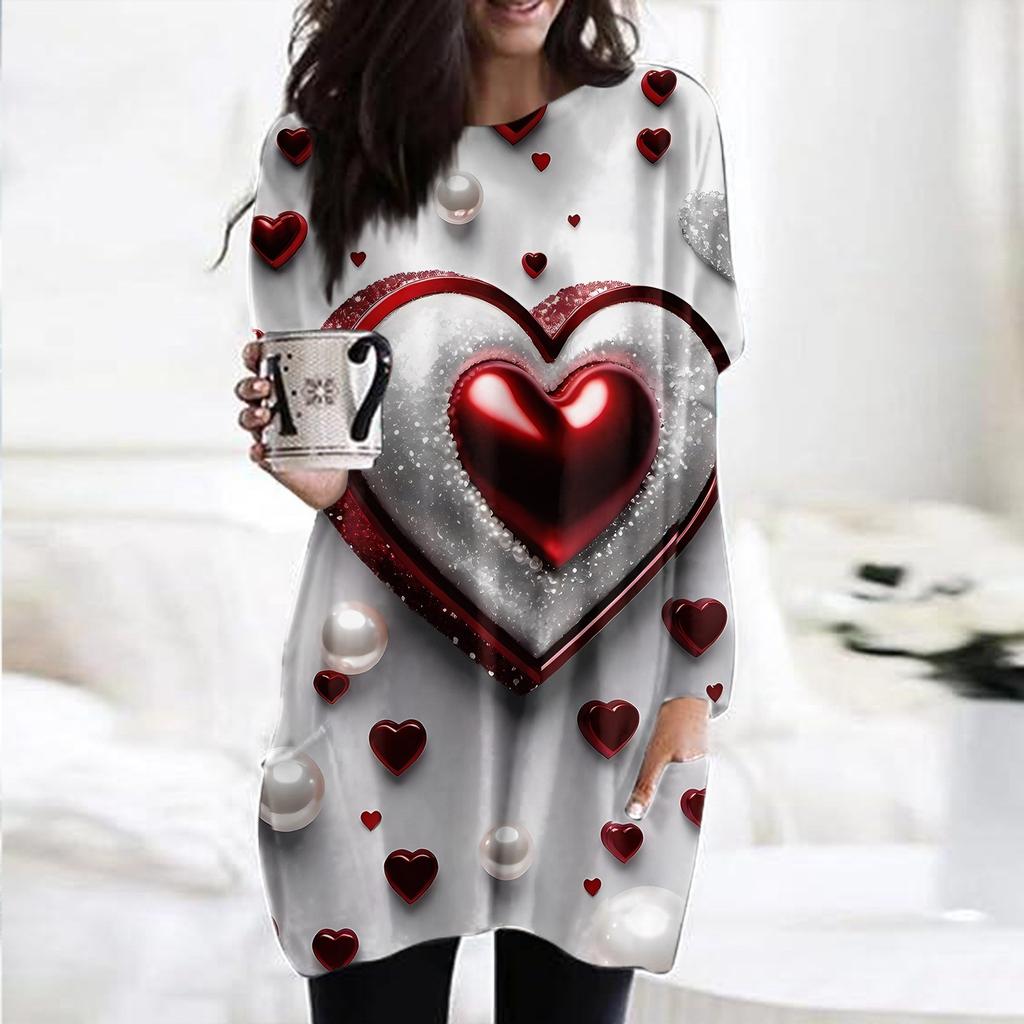 Женский модный повседневный топ с длинным рукавом и круглым вырезом ко Дню святого Валентина с принтом в виде сердца